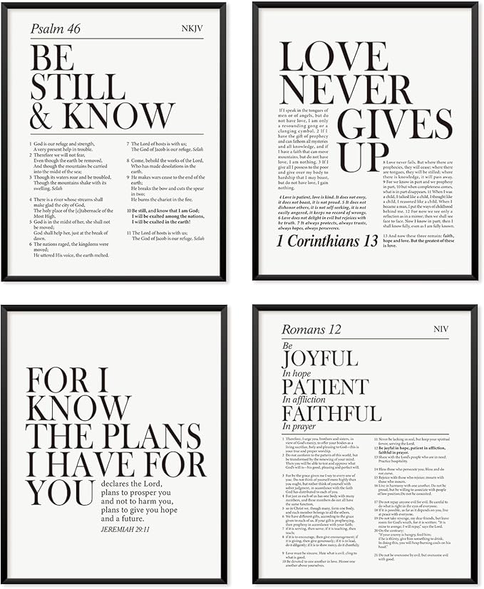 Locomiss Black and White Christian Wall Art Decor, Modern Bible Verse Prints, Minimalist Jesus Scripture Wall Decor, Inspirational Bible Posters for Bedroom Office Living Room, Set of 4 (8x10 Unframed)