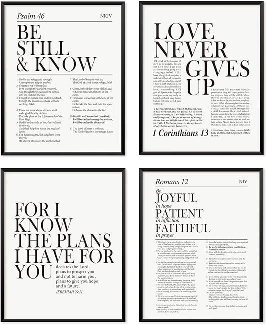 Locomiss Black and White Christian Wall Art Decor, Modern Bible Verse Prints, Minimalist Jesus Scripture Wall Decor, Inspirational Bible Posters for Bedroom Office Living Room, Set of 4 (8x10 Unframed)