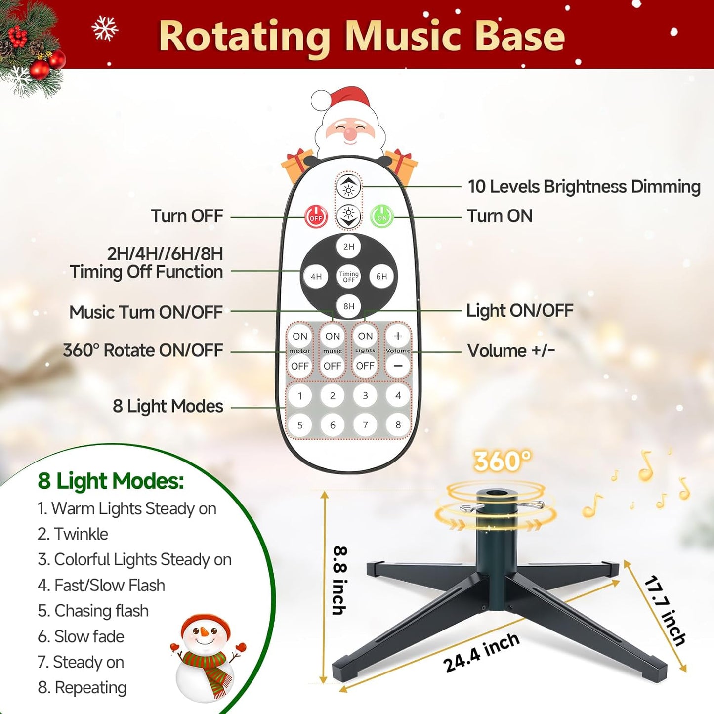 6.5ft Pre-Lit Snow Flocked Rotating Christmas Tree with 340 Multi-Color LED Lights, 1036 PE & PVC Tips - Realistic Artificial Tree for Holiday Decor