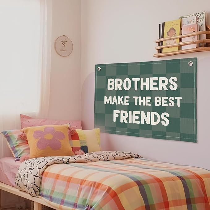Brothers Make The Best Friends Banner, Boys Room Decor, Toddler Boy Linen Banner Wall Hanging Flag Decor for Nursery 20x30 - Checked Green