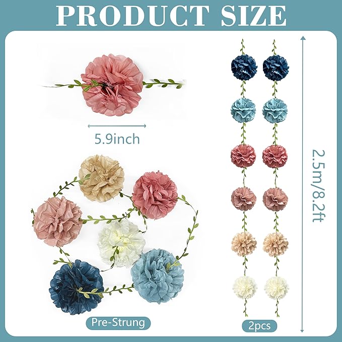Dusty Rose Pink Blue Khaki Beige Tissue Paper Flowers Pom Pom with Leaf Ribbon Hanging Garland Streamer for Gender Reveal Baby Shower He or She Boy or Girl Vintage Themed Party Decorations Supplies