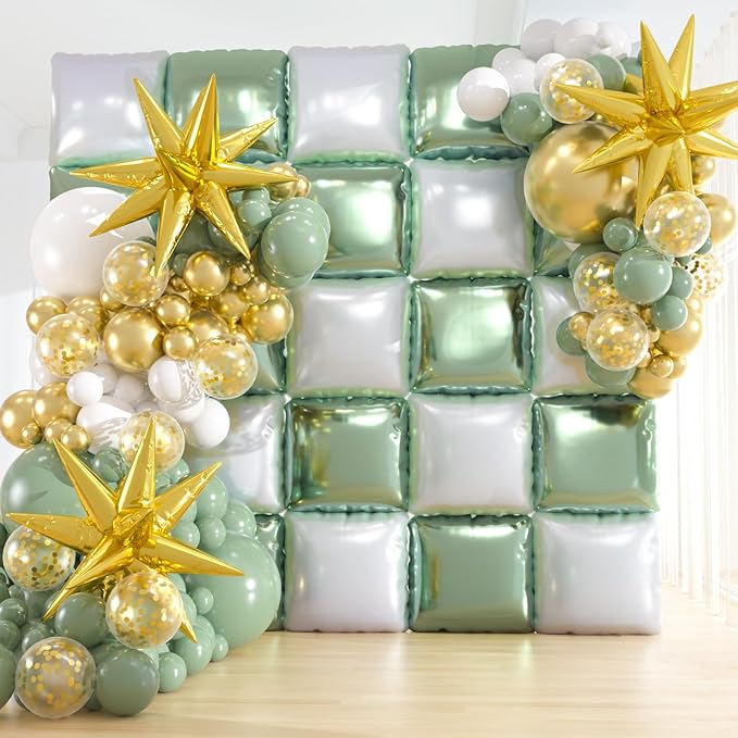 25pcs Green and White Foil Square Balloon Backdrop Wall &149pcs Sage Green Gold White Balloons Arch, Double Sided Balloon Tunnel with for Birthday Baby Shower Graduation Party Decor