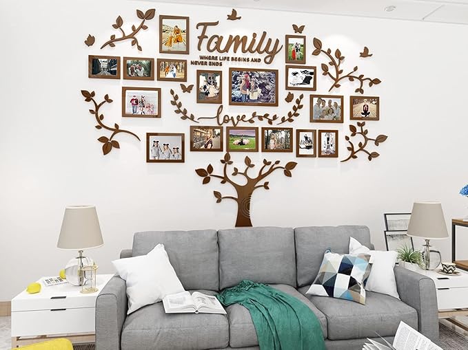 Family Tree Wall Decor - Picture Frames Collage 4x6 5x7 8x10 11x14 3D DIY-Acrylic Photo Frame for Living Room （Brown 57 * 81in）