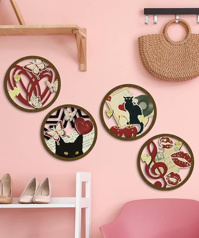 Putuo Decor Boho Wall Decor Set of 4, Round Boho Cat Wall Art, Mid Century Modern Decr,Red Abstract Cat Music Y2k Style for Teen Girls,Living Room, Dorm