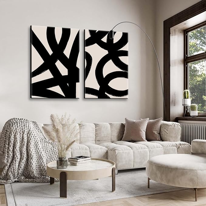 Framed Abstract Wall Art Canvas Set Lines Pictures Modern Mid Century Boho Wall Decor Minimalist Abstract Black Stroke Lines Canvas Painting Artwork Living Room Bedroom Home Office 12"x16"x2