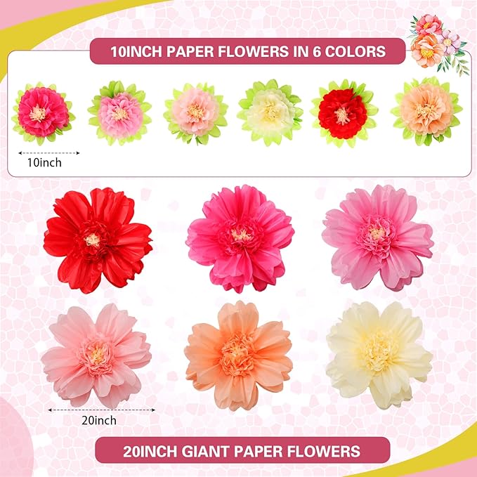 TaoBary Large Colorful Tissue Paper Flowers Giant Fiesta Paper Pom Poms Mexican Birthday Decorations for Wall Wedding Backdrop Centerpiece Party Supplies(20" and 10",Pink, Beige, Light Orange,12 Pcs)