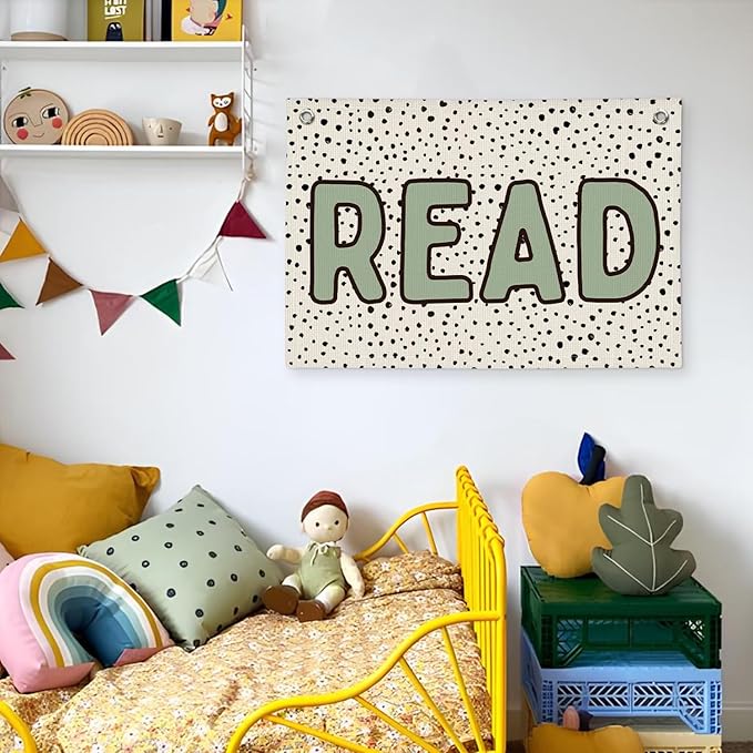 Classroom Decor, Sage Green Read Sign Banner, Dots Linen Canvas Wall Hanging Banner Flag Decor for Reading Corner Nook