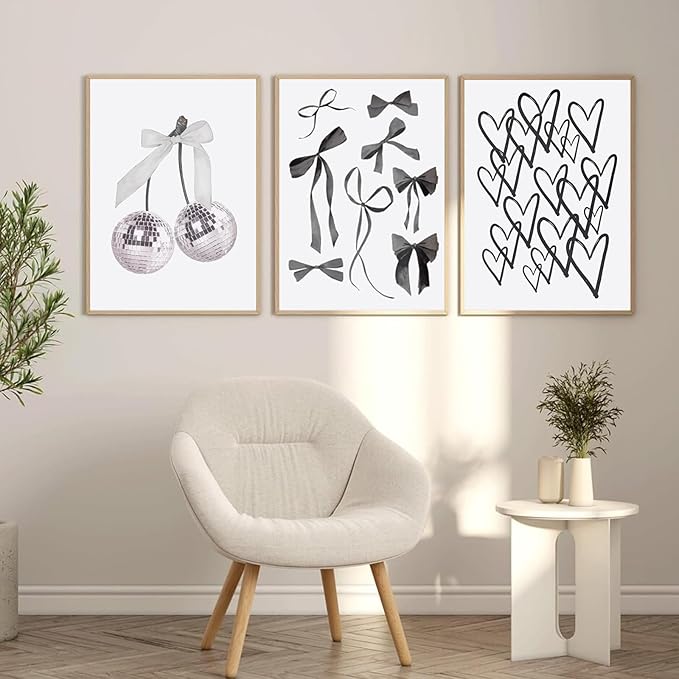 3pcs Black and White Trendy Preppy Wall Art Bows Disco Ball Many Heart Girly Coquette Room Wall Pictures Painting Minimalist Canvas Poster Prints for Girls Bedroom College Dorm Decor16x24in