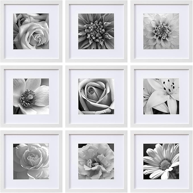 eletecpro 12x12 Picture Frames Set of 9 with Clear Acrylic Cover, Display 8x8 Photos with Mat or 12x12 Without, Classic and Sturdy Square Collage Gallery Wall Decor, Easy Wall Mount, White
