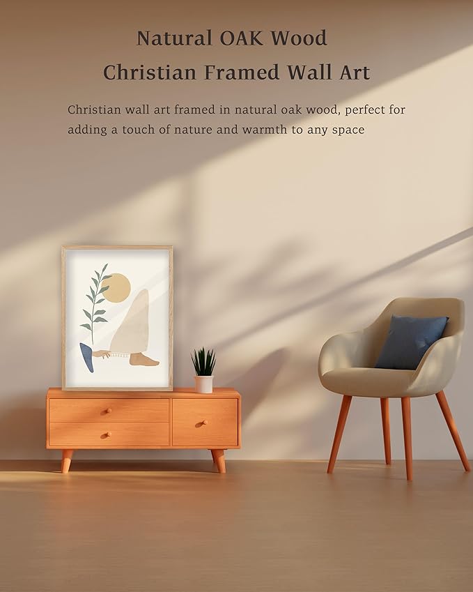 KensTro Natural OAK Wood Beige Boho Christian Framed Wall Art, 16x20 in Mid Century Modern Woman Touches Jesus Robe,Jesus Heals a Woman Canvas Art,Minimalist Religious 1Pack for Living Room Bedroom