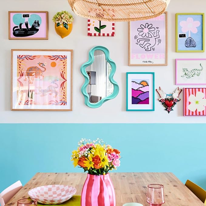 Wall Mirror Home Office Decor, Irregular Wall-Mounted Decorative Mirrors for Modern Apartment Bedroom Laundry Room Decoration, Hanging Wall Art Above TV Desk Table Decor (Turquoise Blue)