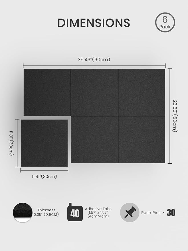 Bumusty Large Cork Board 36" x 24" Alternative - 6 Pack Felt Wall Tiles with 40 Safe Removable Adhesive Tabs, 30 Pushpins, Cork Boards for Walls Pin Board Bulletin Board Office Decor (Black)