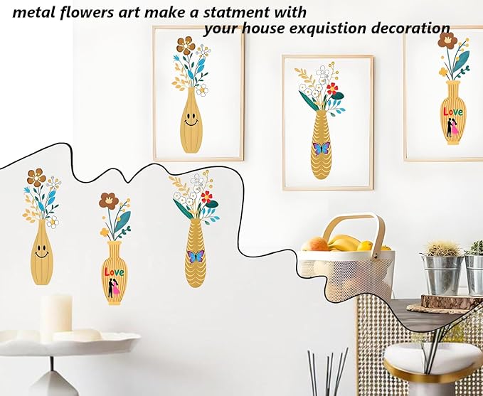Nonforgetta 3 Pieces Metal Flowers Wall Arts - Rustic Farmhouse Decor Beige Minimalist Flower Wall Decors for Living room Bathroom Bedroom Dining Room-Housewarming Gifts