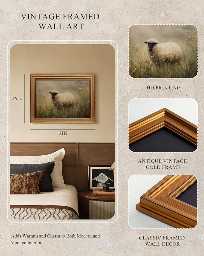 InSimSea Gold Framed Canvas Prints Wall Art, Vintage Moody Sheep Decor, Countryside Landscape Paintings Farmhouse Wall Decor Aesthetic, Antique Pictures for Bedroom Living Room Shelf, 12x16inch