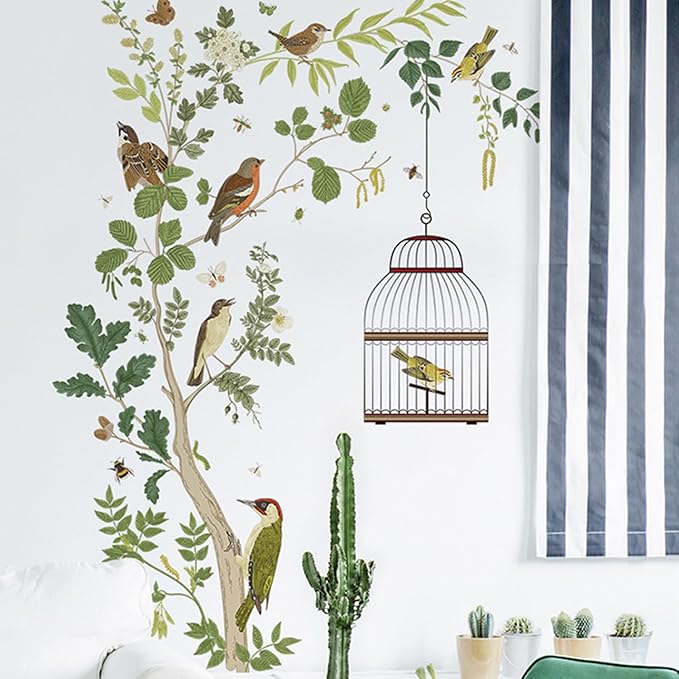Removable Bird on Bracnch Wall Stickers, DIY Romantic Birdcage Decor Tree Wall Murals Peel and Stick Wall Art Stickers Home Decor for Gilrs Bedroom Nursery Rooms Living Room