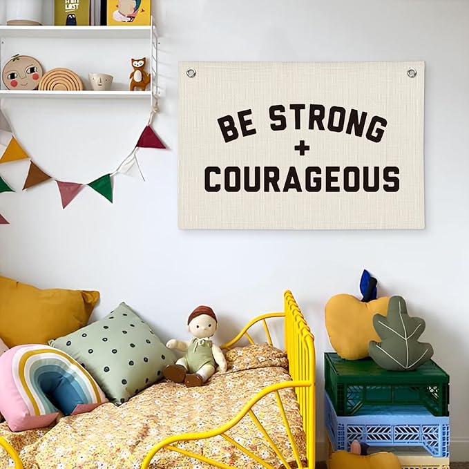 Be Strong And Courageous Banner, Christian Inspirational Wall Decor, Boys Room Bible Verse Motivational Wall Hanging Banner Flag Decor for Nursery Toddler Kids Room 20x30 Inch