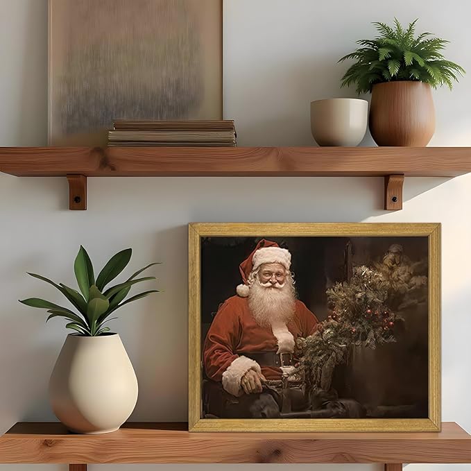 Christmas Wall Art Pictures, Vintage Christmas Wall Decor Prints, Vintage Santa Portrait Canvas Print Posters, Farmhouse Santa Pictures for Wall Framed 8x10 Inch