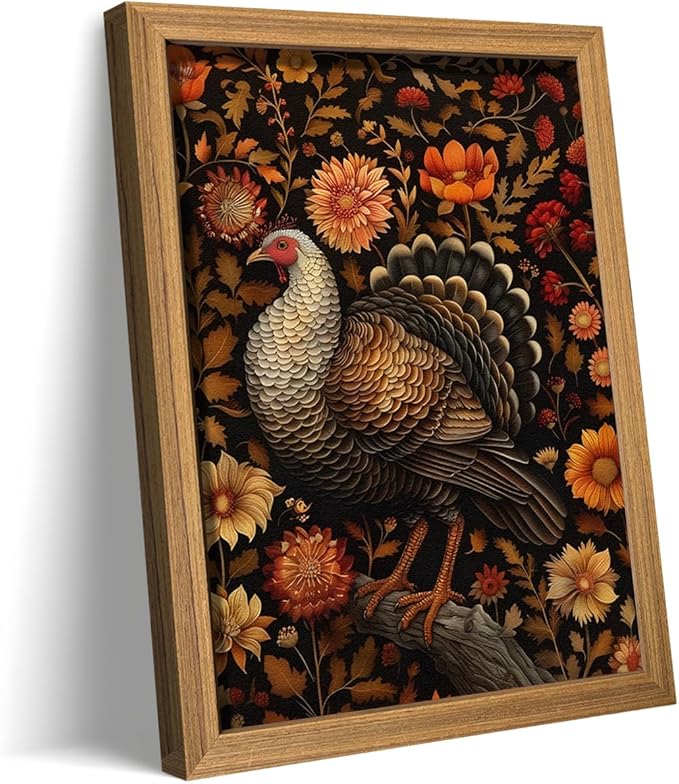 Framed Vintage Turkey 3D Textures Wall Art – Fall Floral Thanksgiving Wall Decor, Rustic Autumn Harvest Bird Artwork Painting for Living Room Kitchen Dining Room – 16x24in