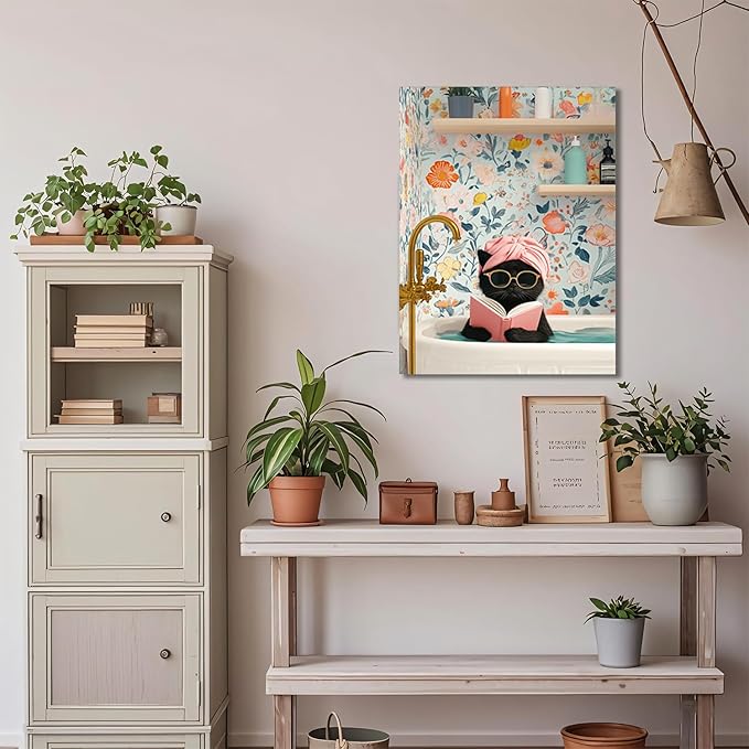 Funny Black Cat Bathroom Wall Art, Bathroom Animal Pictures Canvas Prints, Framed Cute Cat Posters Wall Decor for Living Room Bedroom Toilet Kids Room Wall Paintings 16x24 inch