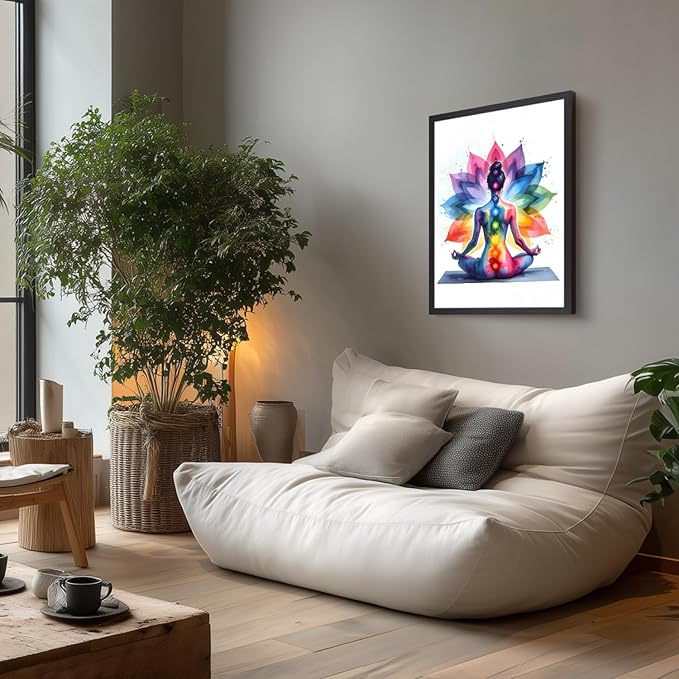 GELDSTEI Wood Framed Zen Wall Art, Chakra Yoga Wall Decor, Colorful Meditation Poster Print, Spiritual Canvas Painting, Vibrant Meditating Woman Aesthetic Picture for Living Room Yoga Studio 16x24 Inch