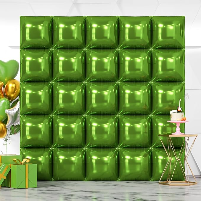 NISOCY 25PCS Olive Green Square Foil Balloons Wall Backdrop Double Sided Dark Green Balloon Arch Kit for Birthday St. Patrick's Day Spring Summer Jungle Christmas Theme Party Decoration