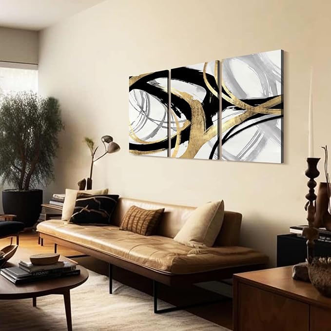 3Pcs Framed Abstract Wall Art Gold Black and White Lines Picture Canvas Prints Modern Line Prints Living Room Bedroom Office Poster Gallery Home Decor 12x16 Inch Ready to Hang