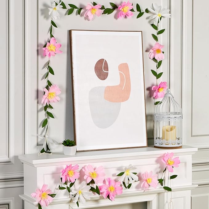 EASY JOY Crepe Paper Flowers Banner White Gradient Pink Flower Banners Spring Hanging Paper Floral Leaves Garland for Spring Birthday Wedding Home Decorations