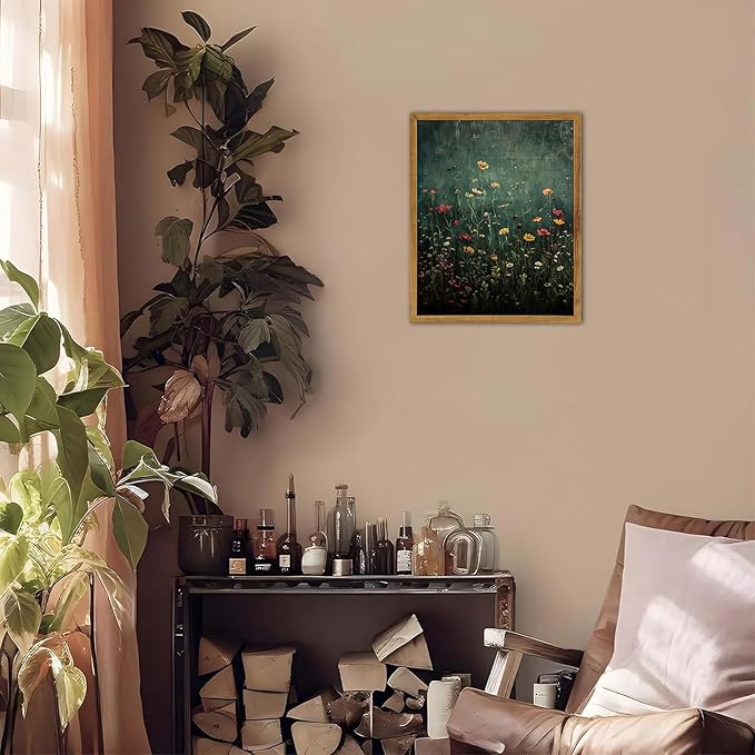 KBKBART Framed Canvas Wall Art Vintage Wildflower, Green Flower Wall Decor, Nature Landscape Flower Wildflower Oil Painting Prints Pictures Artwork for Living Room Bedroom 8x10 inch