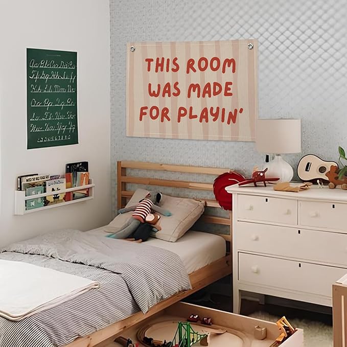 Playroom Decor Wall Banner "This Room Was Made For Playin'" 20x30 Inch - Nursery Canvas Art, Kids Bedroom Hanging, Linen Toddler Play Area Sign, Children's Canvas Flag Decor