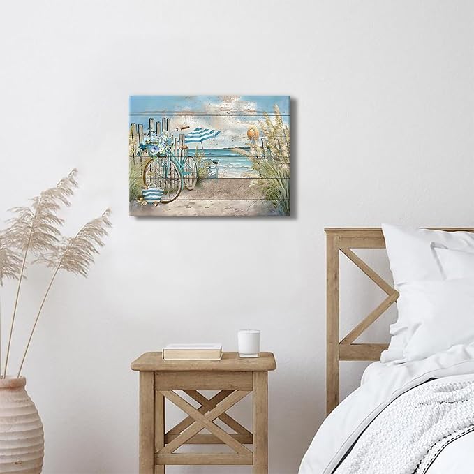 Coastal Wall Art Beach Theme Bathroom Decor Farmhouse Teal Ocean Canvas Prints Poster Seagull Floral Bicycle Pictures Seascape Coastline Painting Artwork for Kitchen Bedroom Home Decoration 12x16"