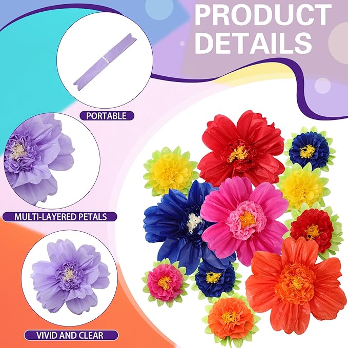 TaoBary Large Colorful Tissue Paper Flowers Giant Fiesta Paper Pom Poms Mexican Birthday Decorations for Wall Wedding Backdrop Centerpiece Party Supplies(20" and 10",Dark Blue, Purple, Red,12 Pcs)