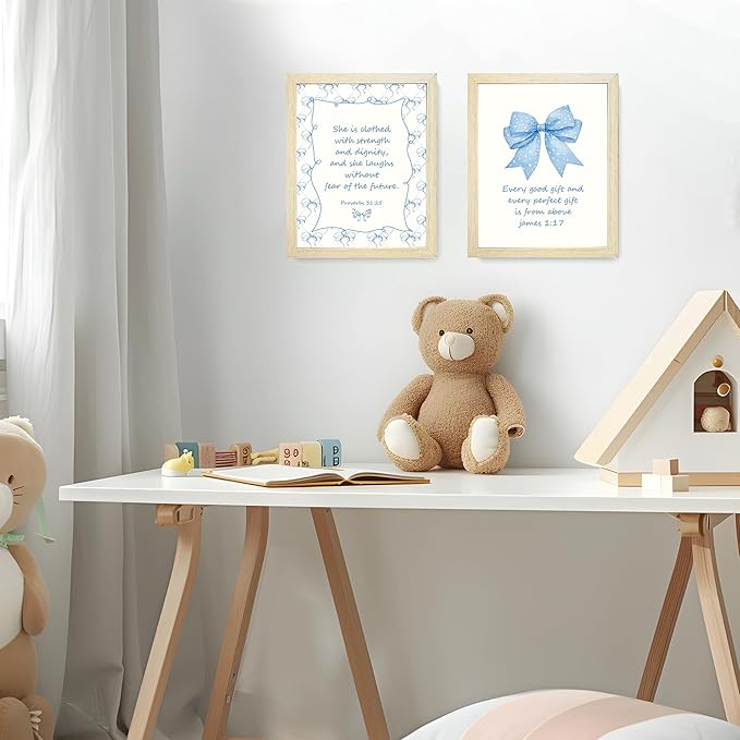 LARTSFRO Coquette Blue Bow Jesus Wall Art Decor Posters, Light Blue Bow Room Bedroom Bathroom Dorm Wall Art Decor Aesthetic for College Teen Girls Gifts, Inspirational Bible Verses Bow Wall Decor, 10x8 Inch Set of 4 Bow Pictures (WOOD-GRAIN IMITATION F...