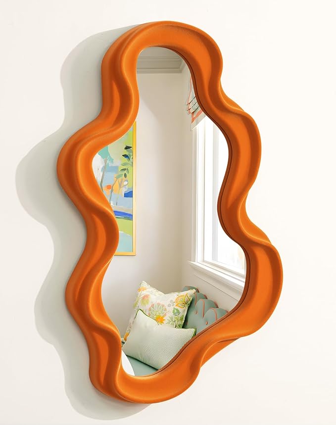 Small Decorative Mirror for Girly Bedroom Dresser Decor, Vivid Abstract Wavy Wall Mirrors for Home Aesthetic Book Coffee Shop Hotel Decoration, Unique Gift for Birthday Thanksgiving (Orange)