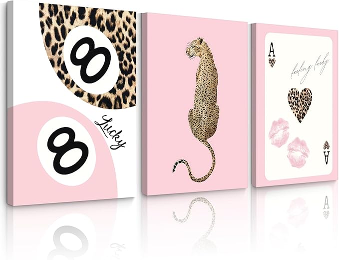 Cheetah Trendy Wall Art Preppy Leopard Canvas Print Cheetah Room Wall Decor 8 Ball Poster Y2k Pink Coquette Luxury Print Lucky Aesthetic Fashion Pictures for Bedroom 24x36x3 Inch Wrapped Canvas