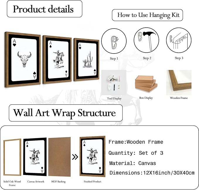 Western Cowboy Wall Art Set Of 3 Cowboy Print Playing Card Inspired Southwestern Canvas Poster Trendy Western Wall Decor Longhorn Bull Skull Room Decor for Bedroom Living Room Framed 12x16 inch