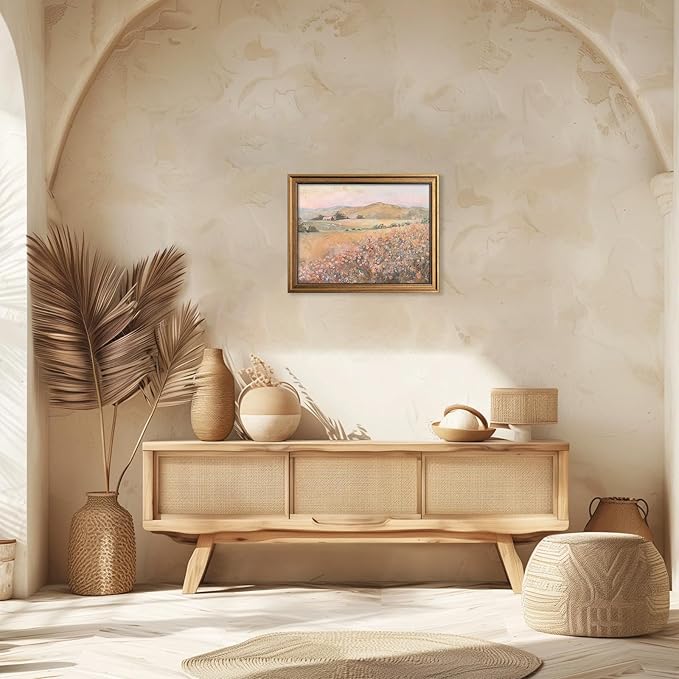 Aroutde Vintage Wildflower Printing Gold Framed Wall Art Pink Flowers Landscape Canvas Artwork Natural Mounatin Pictures For Living Room Bedroom Apartment Decoration(16L''x12W'')