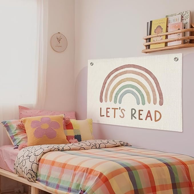 Read Linen Banner - Boho Classroom Decor, Reading Room Wall Hanging, Rainbow Canvas Flag for Homeschool, Elementary & Middle School Decorations, 20x30 Inch