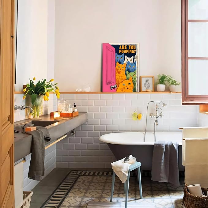Yaneiro Funny Bathroom Cat Canvas Wall Art, Framed Cute Cat Prints Posters Wall Decor, Are You Pooping Sign Animal Pictures for Living Room Bedroom Toilet Kids Room Wall Paintings 16x24 in