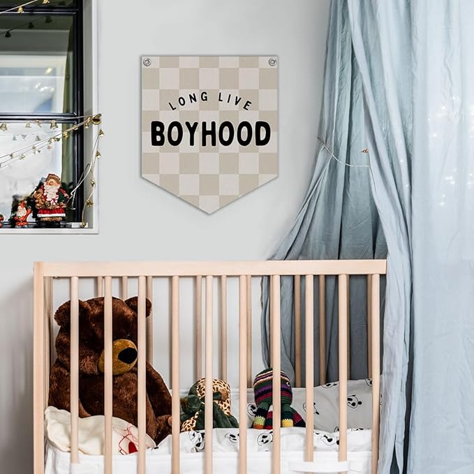 Lacama Long Live Boyhood Banner Boys Room Decor, Boy Nursery Decor, Brown Checkered Linen Banner Wall Hanging Banner Flag for Boys Bedroom Decor Toddler Boy Room Nursery 12x14 lnch