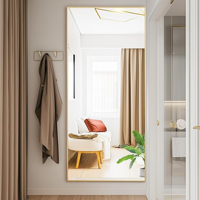 DUMOS Full Length Mirror with Stand, 68"x26" Floor Mirror with Aluminum Alloy Frame for Bedroom, Standing Full Body Mirror with Shatter-proorf Nano Glass for Wall, Living Room, Cloakroom, Gold