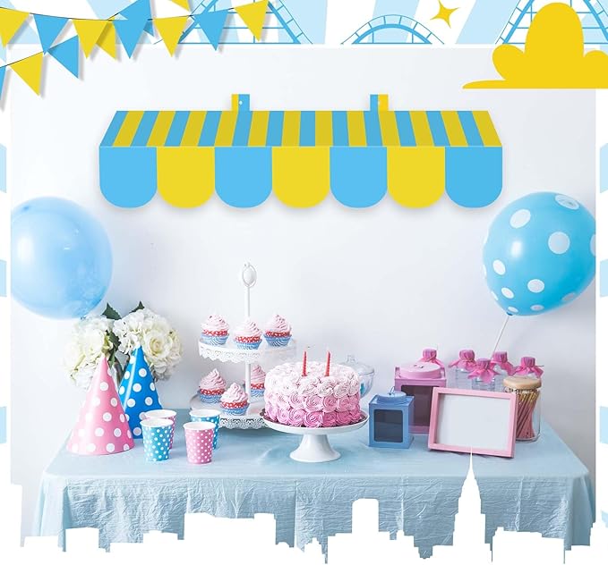 Tallew 4 Pcs 3D Circus Awning Wall Decoration Carnival Awning for Halloween Carnival Theme Party Classroom Decorations(Blue and Yellow)