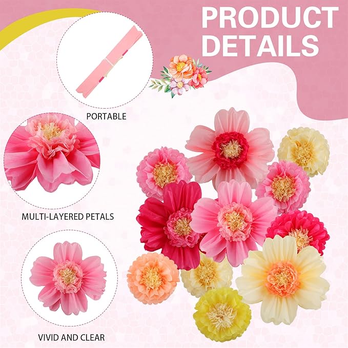 Crowye 12 Pcs Large Colorful Tissue Paper Flowers Decorations 20" Giant Fiesta Craft Crepe Paper Flowers for Wall Decor Backdrop Mexican Wedding Birthday Carnival Party (Fresh Color)