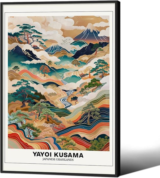 Vintage Yayoi Kusama Grasslands Posters Japanese Wall Art Yayoi Kusama Abstract Landscape Canvas Print for Stylish Room Bedroom Living Room Gallery Decor 20x30in Black Framed