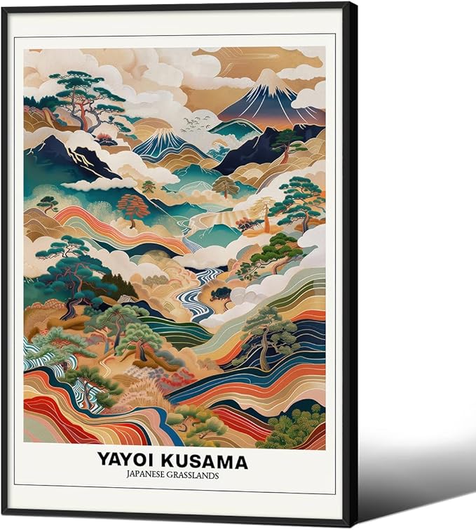 Vintage Yayoi Kusama Grasslands Posters Japanese Wall Art Yayoi Kusama Abstract Landscape Canvas Print for Stylish Room Bedroom Living Room Gallery Decor 16x24in Black Framed