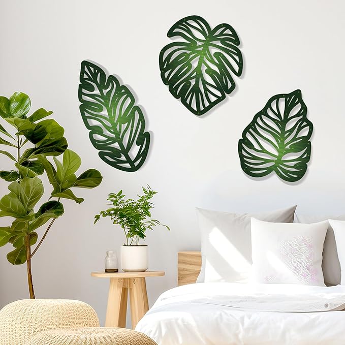 Zzbakress 3 Pcs Wooden Palm Leaves Wall Art Tropical Leaf Wall Art Natural Plant Wall Decor Vintage Wood Hollow Wall Decoration for Living Room Kitchen Bedroom Garden Office (Farmhouse, Leaves-A)