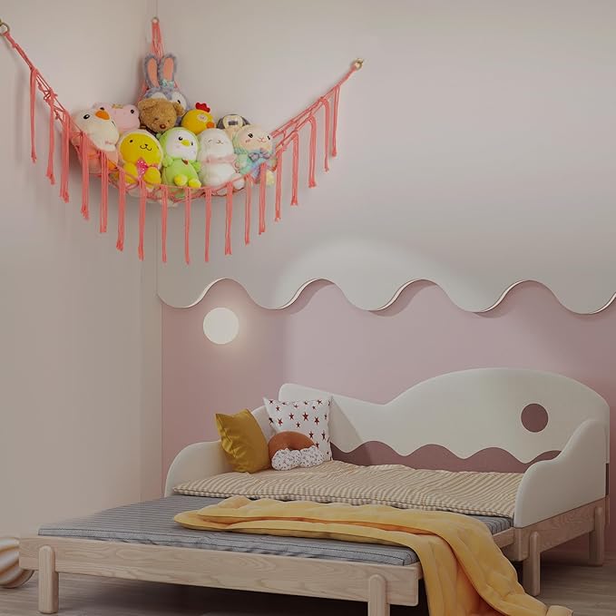 Stuffed Animal Hammock Corner, Hand-knitted Large Plushie Net Toy Hammock with Wooden Rings | Boho Cute Stuff Animal Storage for Nursery & Bedroom | Mesh Kids Toy Organizer Holder Nursery Room Decor