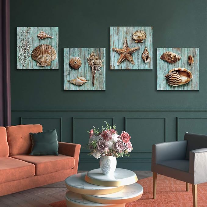 Teal Shells Wall Art Home Decor for Bathroom Shell Conch Framed Canvas Prints Cyan Sea Ocean Blue Plank Marine Life Coral Starfish Paintings Pictures Living Room Homes Decoration Set 4 Piece 24x24