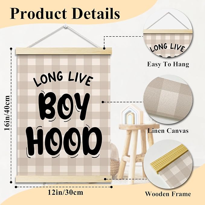 Long Live Boyhood Posters Hanger Frame for Boys Room Checkered Hanging Poster for Bedroom Kids Room Classroom Decor Wall Art Decor for Nursery Playroom Canvas Wall Art Print 16x12 Inches - YY043