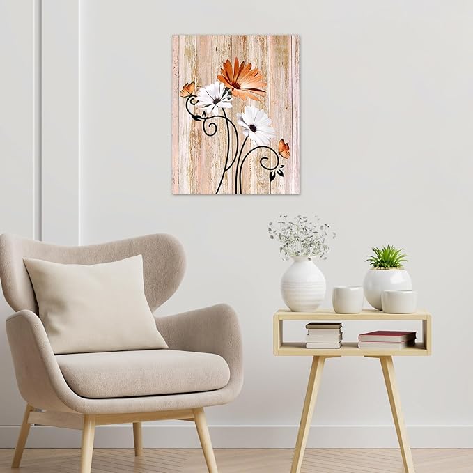 HVEST Orange Daisy Wall Art Vintage Floral and Butterfly on Rustic Wooden Canvas Wall Art Farmhouse Plant Wall Art for Living Room Bathroom Bedroom Office Decor, 10Lx8W Inches
