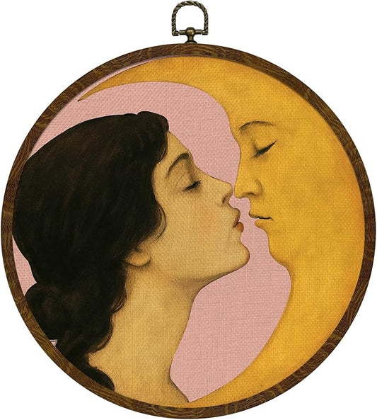 KLYTINK Retro Celestial Decor,Romantic Moon and Young Girl Round Wall Art,Vintage-Inspired Celestial Canvas Print, Surreal Moon and Woman Hanging Decor for Bedroom, Gallery Wall 10''x10''